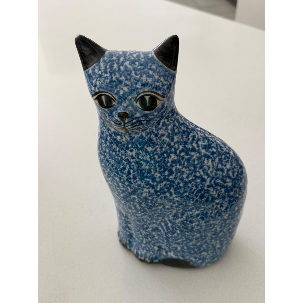 Vintage Blue White Spongeware Ceramic Cat Figurine Mid Century Modern Style